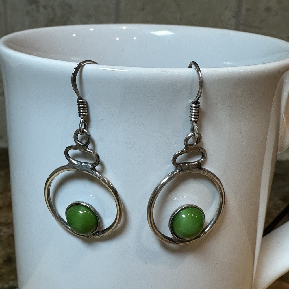 VTG Artisan Hook Earrings 1.5 Inch Lime Green Moonstone 925 Sterling Silver 4.2g